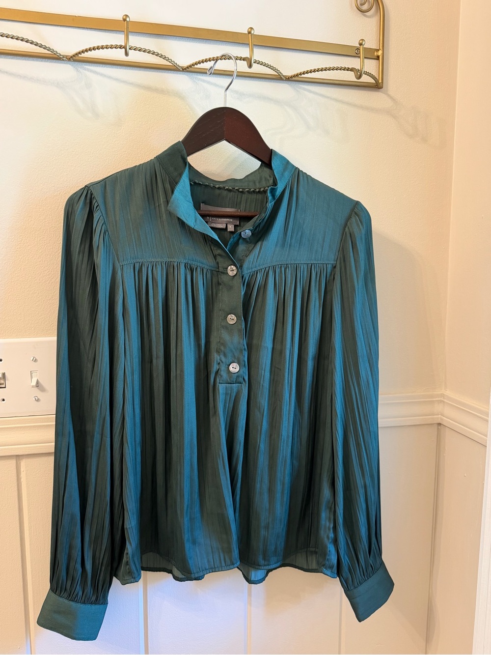 Anthropologie Teal Green Pleated Button Front Blouse